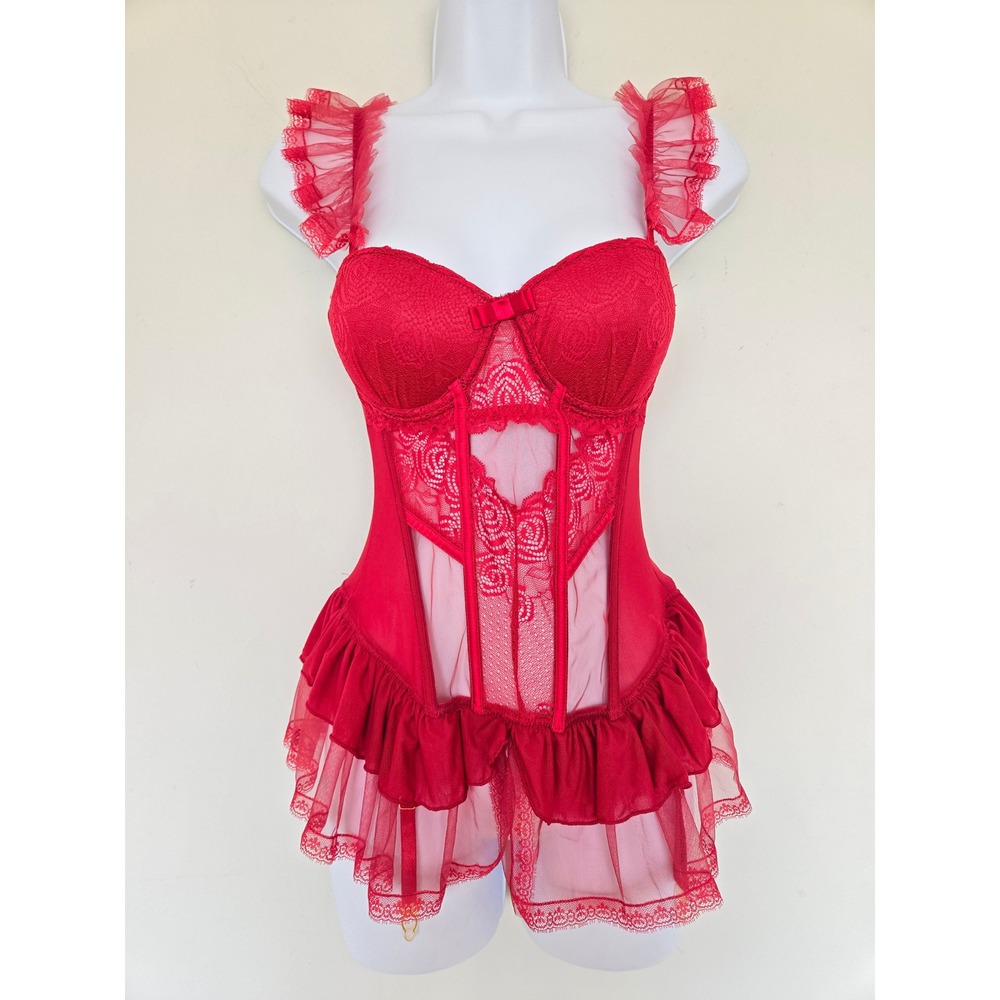 Cider Red Lace Mesh Corset Garter Bustier Top Size S Romantic Coquette Valentine